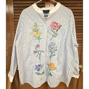Bob Mackie Floral Embroidered Striped Button Blouse 2X Cottagecore Art Top